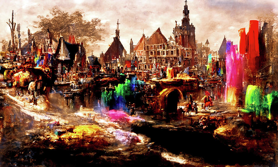 Medieval Town in a Fantasy Colorful World, 04 Painting by AM FineArtPrints