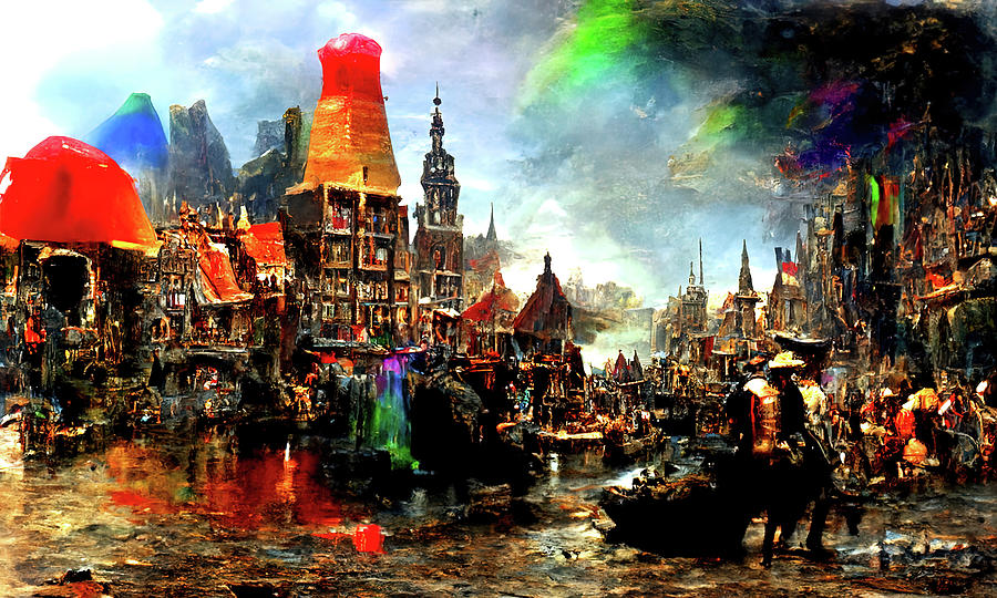 Medieval Town in a Fantasy Colorful World, 05 Painting by AM FineArtPrints