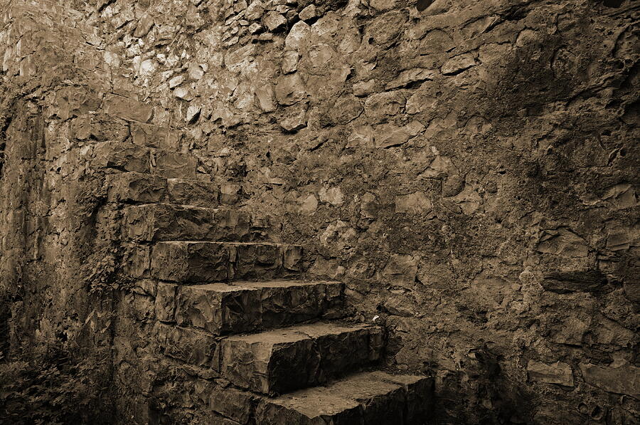 Architecture Photograph - Medieval Wall Staircase. Sepia Digital Art by Angelo DeVal