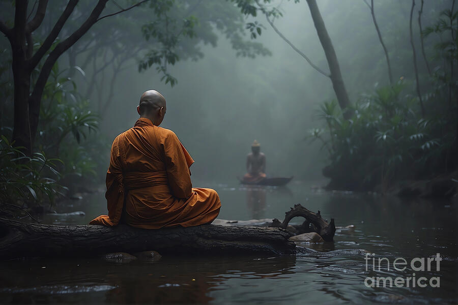 Tree Digital Art - Meditating Monk by Michelle Meenawong