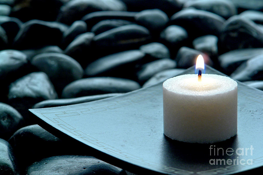 Meditation Candle Burning on Plate over Stones Photograph by Olivier Le Queinec