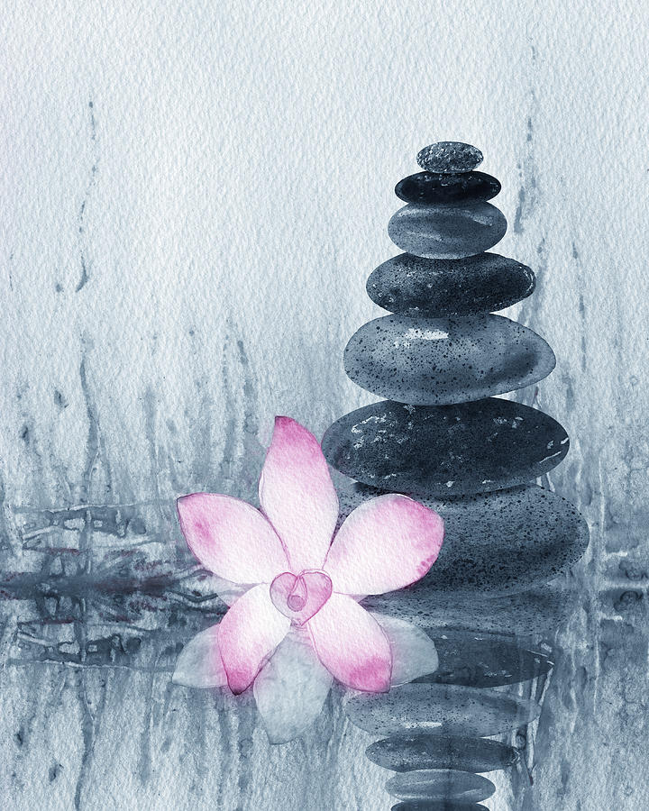 Meditative Calm And Peaceful Relaxing Zen Rocks Cairn Spa Collection With Flower Watercolor I Painting by Irina Sztukowski