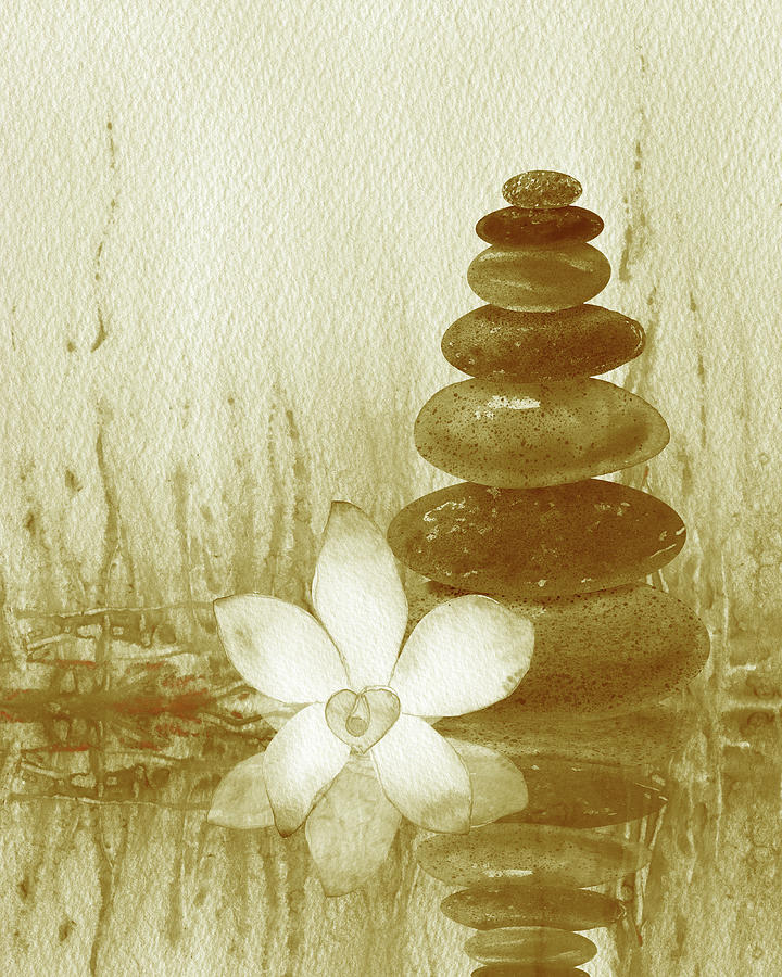 Meditative Calm And Peaceful Relaxing Zen Rocks Cairn Spa Collection With Flower Watercolor II Painting by Irina Sztukowski