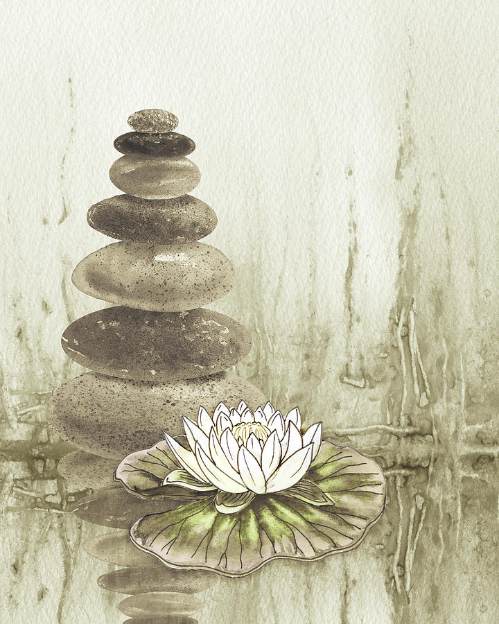 Meditative Calm And Peaceful Relaxing Zen Rocks Cairn Spa Collection With Flower Watercolor III Painting by Irina Sztukowski