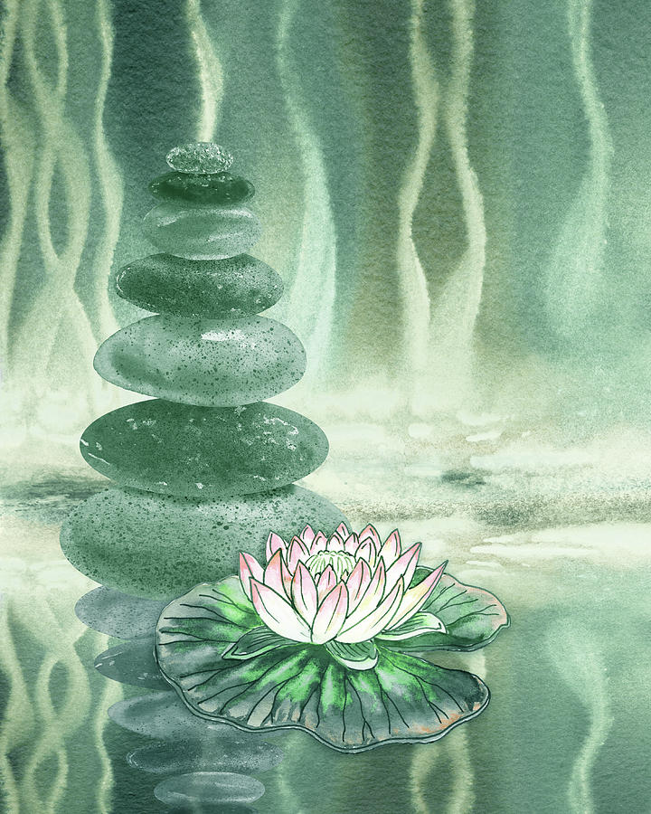 Meditative Calm And Peaceful Relaxing Zen Rocks Cairn Spa Collection With Flower Watercolor IV Painting by Irina Sztukowski
