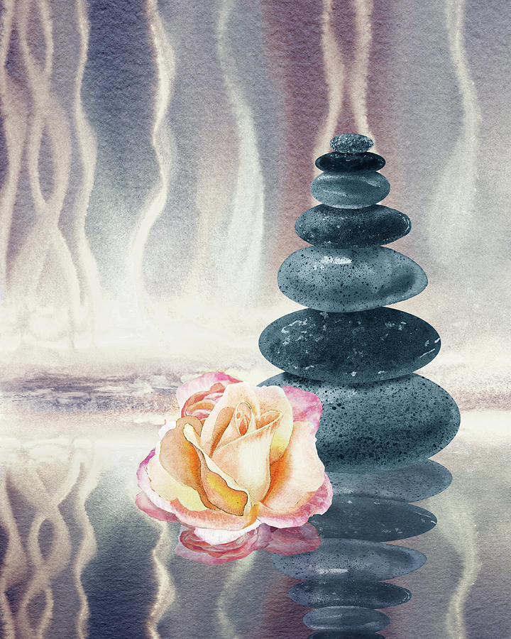 Meditative Calm And Peaceful Relaxing Zen Rocks Cairn Spa Collection With Flower Watercolor VI Painting by Irina Sztukowski