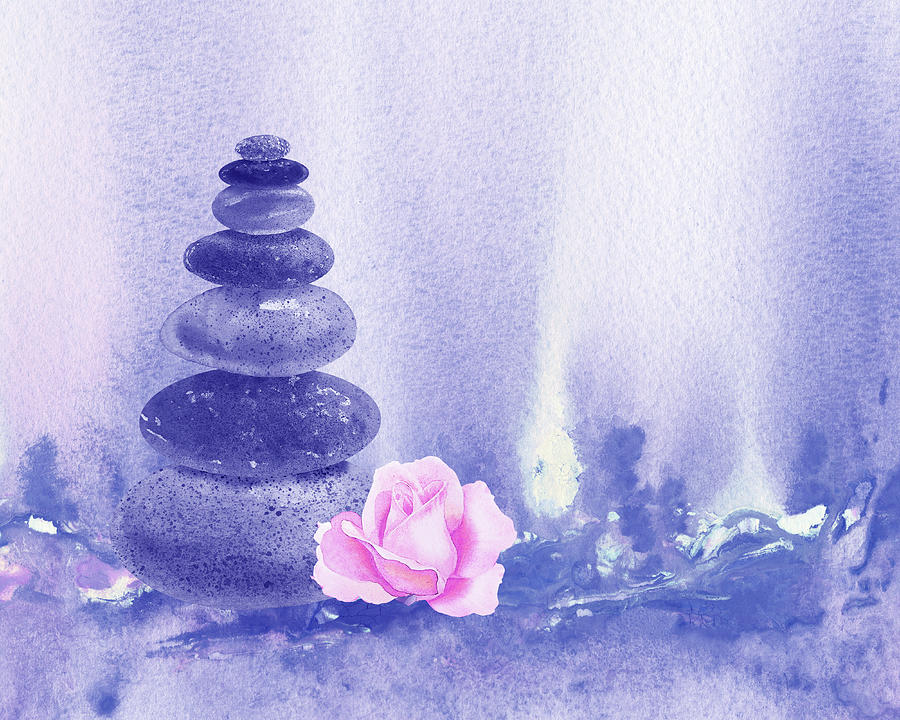 Meditative Calm And Peaceful Relaxing Zen Rocks Cairn Spa Collection With Flower Watercolor VII Painting by Irina Sztukowski