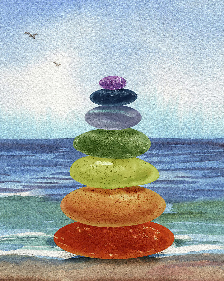 Meditative Chakra Rocks Beach Pebbles Watercolor I  Painting by Irina Sztukowski