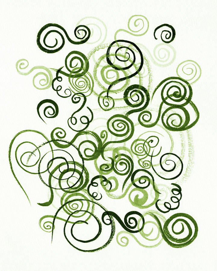 Meditative Doodles Green Watercolor Organic Whimsical Lines And Swirls II Painting by Irina Sztukowski