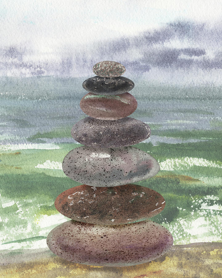 Meditative Rocks At The Beach Watercolor Seascape  Painting by Irina Sztukowski
