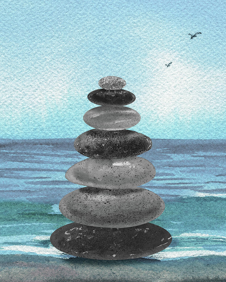 Meditative Rocks At The Teal Blue Ocean Beach  Painting by Irina Sztukowski