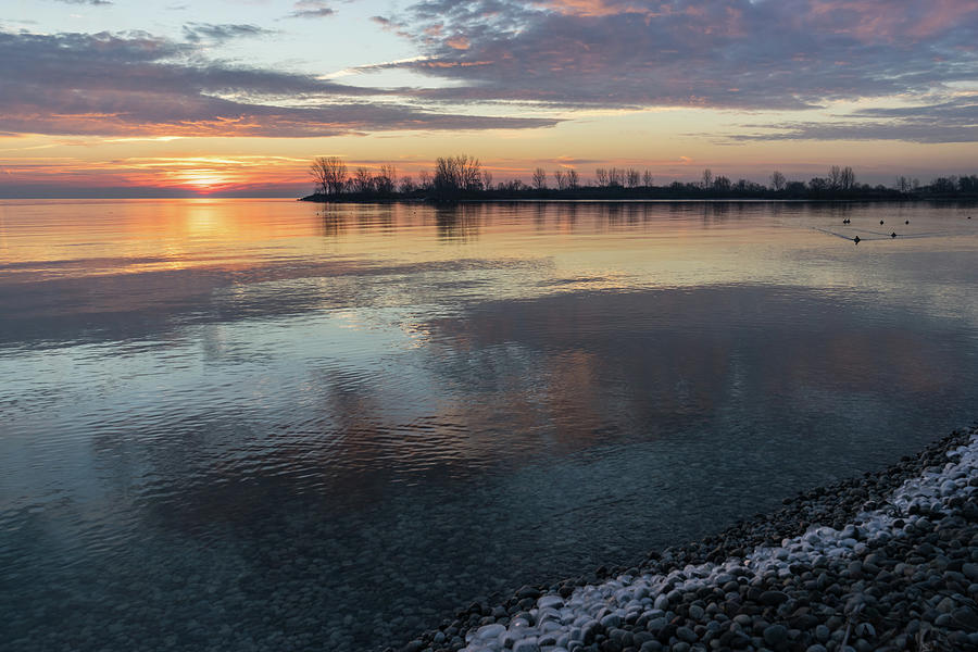 Meditative Stillness - Lakeside Sunup with a Fringe of Ice Photograph by Georgia Mizuleva