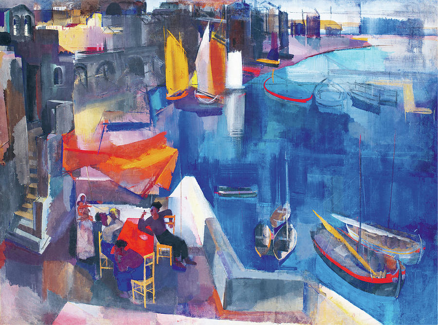 Mediterranean harbour by Aba-Novak Vilmos - Hungarian painters Painting by Aba-Novak Vilmos