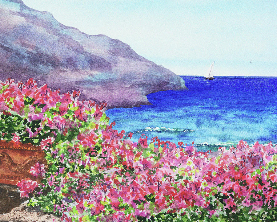 Mediterranean Landscape Amalfi Coast Shore Pink Flowers Watercolor  Painting by Irina Sztukowski