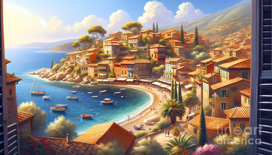 Architecture Digital Art - Mediterranean Seaside Town, A charming seaside town on the Mediterranean coast by Jeff Creation