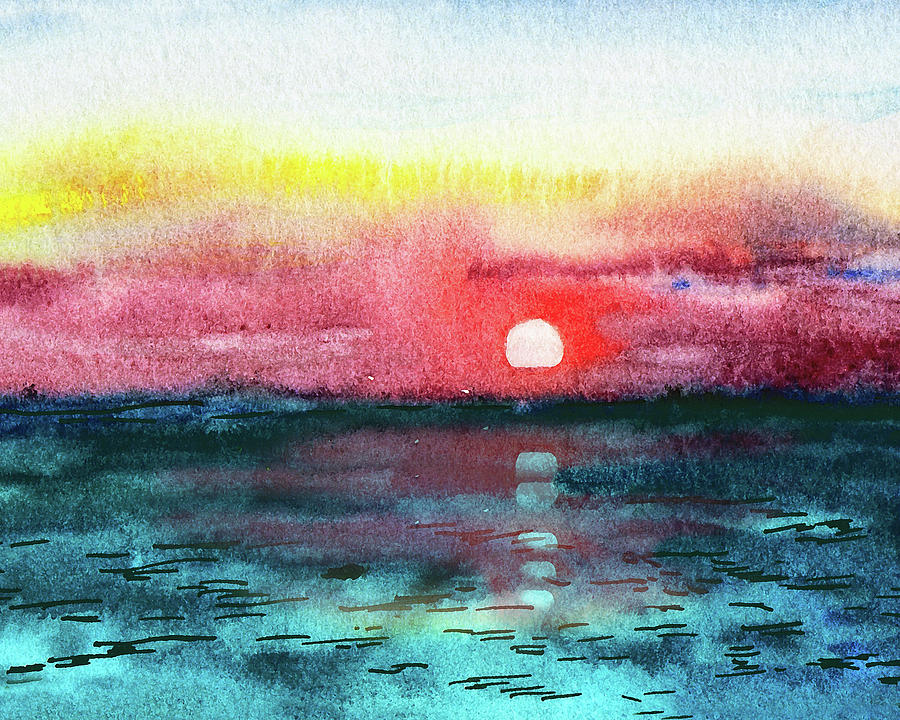 Mediterranean Sunset Red Sky Blue Sea Watercolor  Painting by Irina Sztukowski
