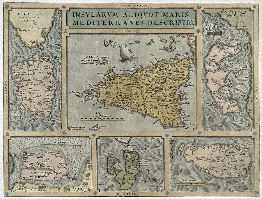Mediterranei Sicilia Map 1595 Painting by Vincent Monozlay