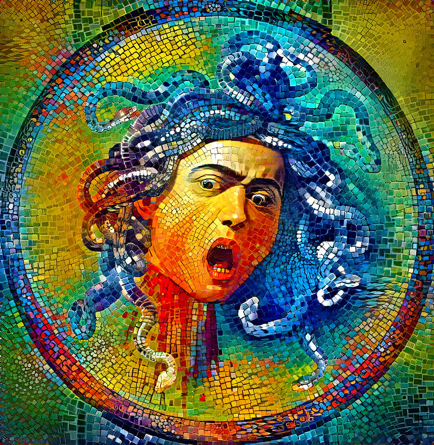 Medusa by Caravaggio - colorful mosaic Digital Art by Nicko Prints