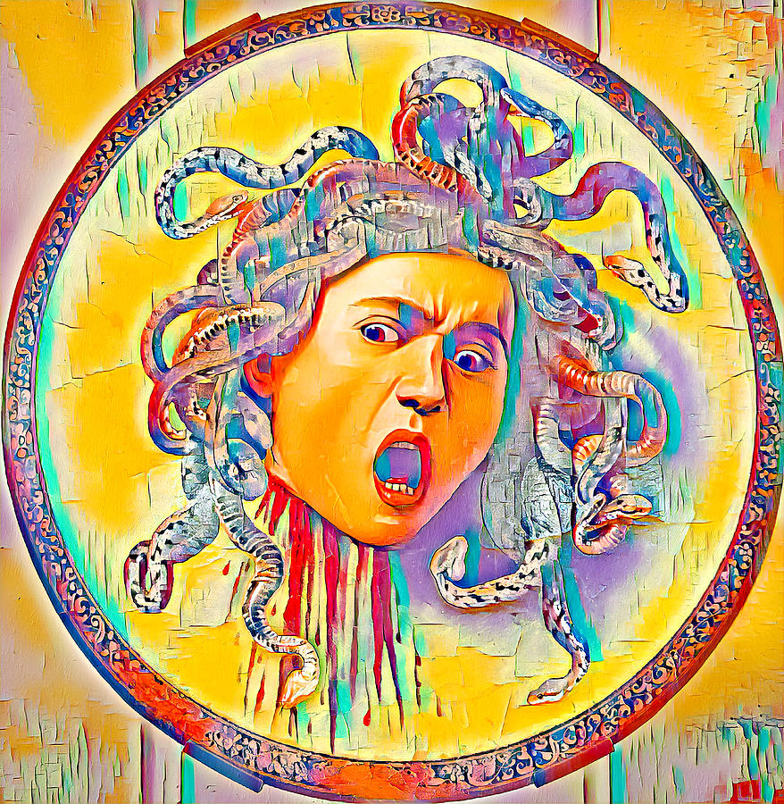 Medusa by Caravaggio - colorful palette knife oil texture Digital Art by Nicko Prints