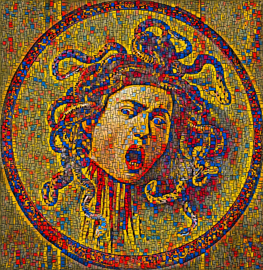 Medusa by Caravaggio in the style of Piet Mondrian Composition Digital Art by Nicko Prints