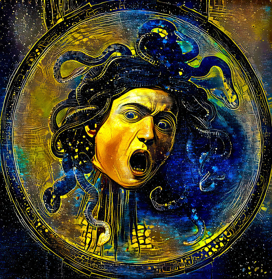 Medusa by Caravaggio - starry blue with yellow digital recreation Digital Art by Nicko Prints