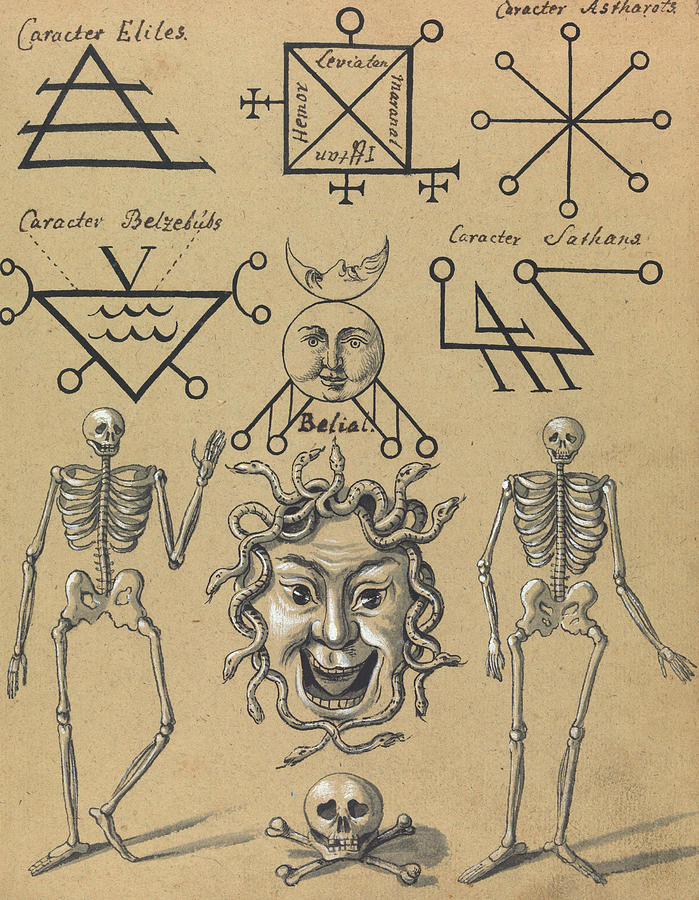 Medusa, Skeletons and Magical Signs Drawing by Anonymous