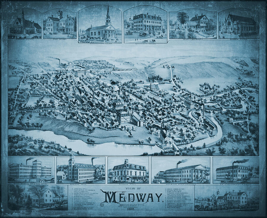 Medway Massachusetts Vintage Map Birds Eye View 1887 Blue Photograph By Carol Japp Fine Art 1005