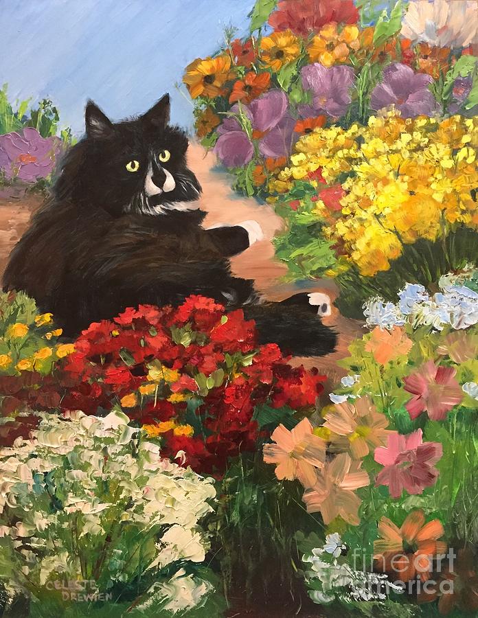 Meeko in the Garden Painting by Celeste Drewien