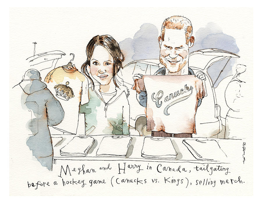 Meghan and Harry Tailgating Painting by Barry Blitt Meghan and Harry Tailgating Painting by Barry Blitt