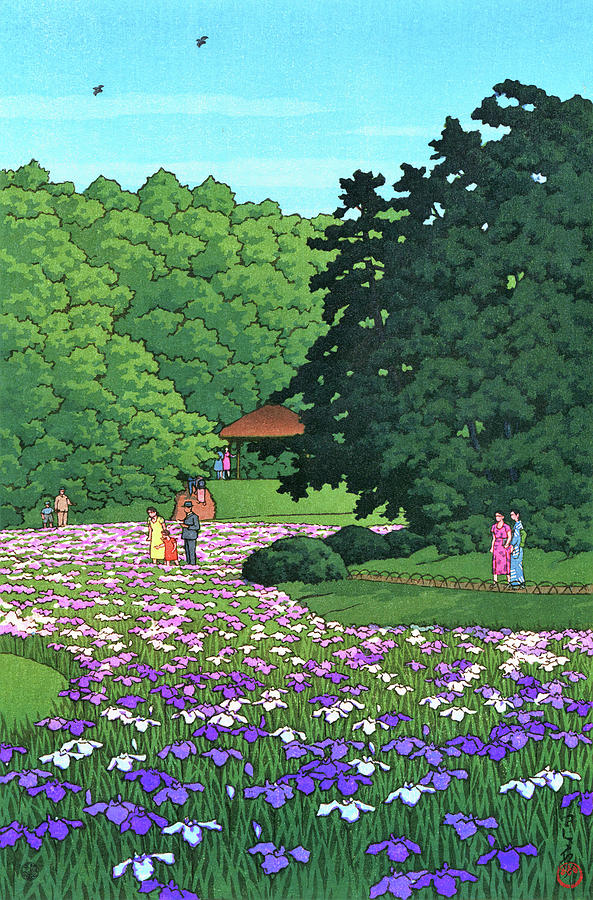 Vintage Painting - Meiji Shinto shrine, Blue flag park - Digital Remastered Edition by Kawase Hasui