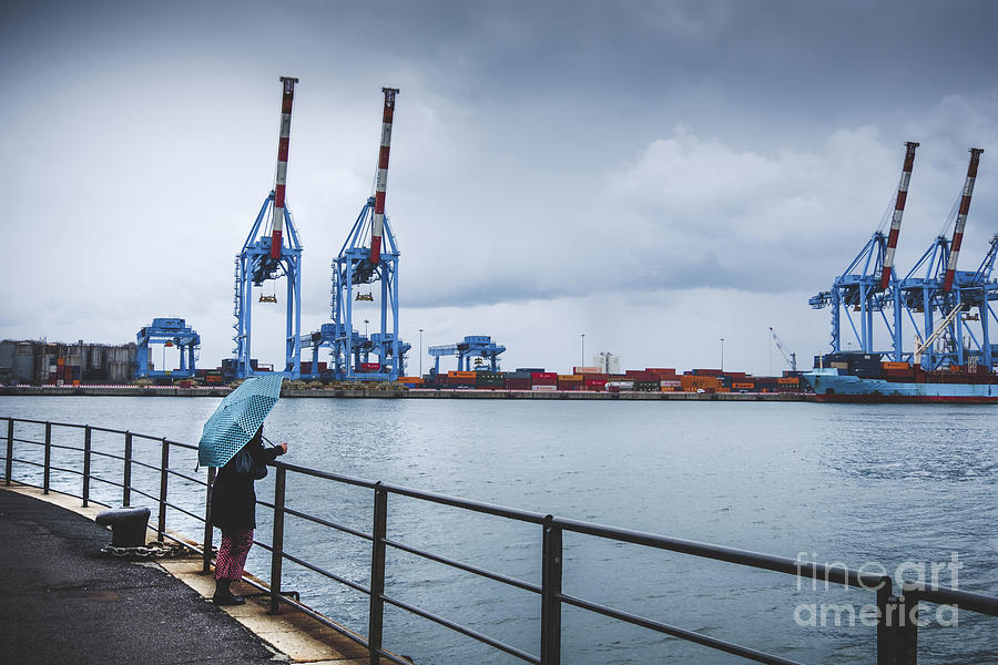 melancholic scene lonely woman umbrella look at Genoa port rainy Photograph by Luca Lorenzelli