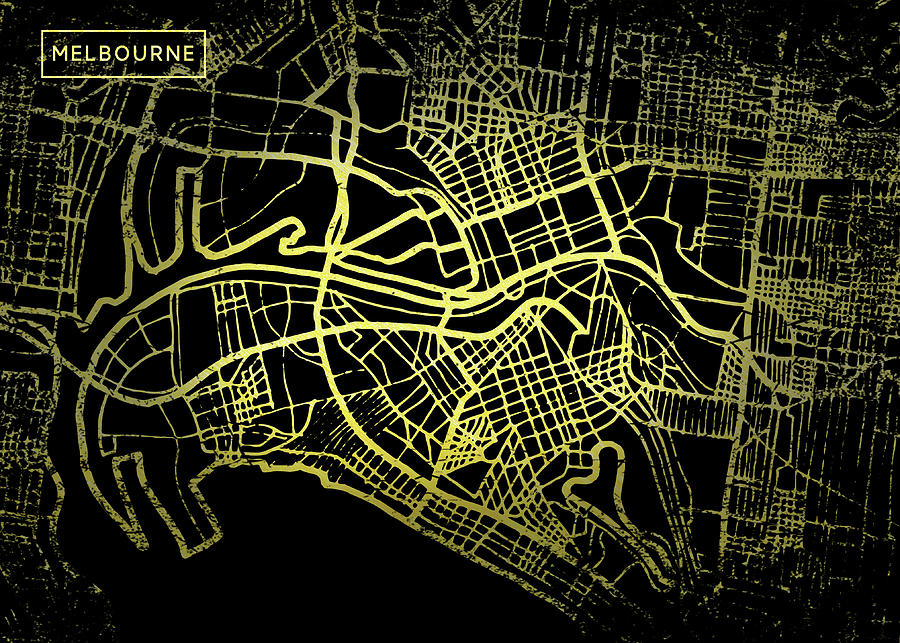 Melbourne Map in Gold and Black Digital Art by Sambel Pedes