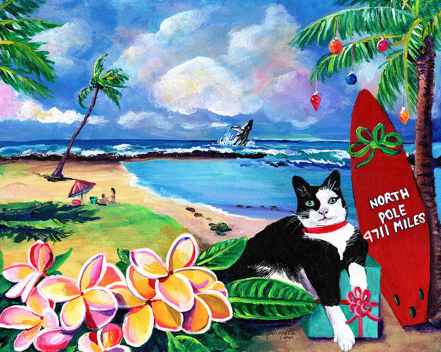 Mele Kalikimaka Kitty at Poipu Beach Painting by Marionette Taboniar