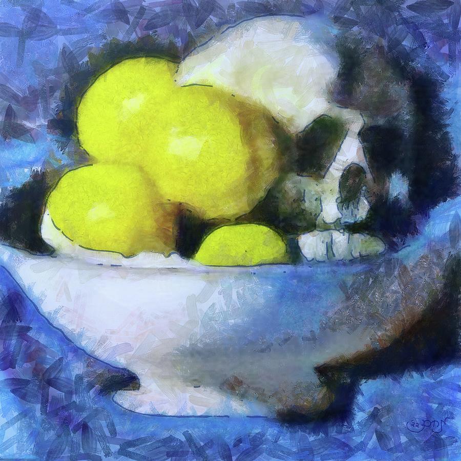 Memento Mori with Lemons in a ceramic bowl with human skull in blues and purples impressionistic art Painting by MendyZ
