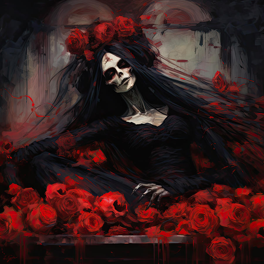 Skull Painting - Memento Mori with Roses by Lourry Legarde