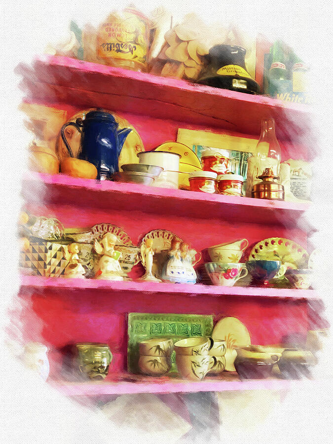 Memorabilia on pink shelves, Seligman, AZ Mixed Media by Tatiana Travelways