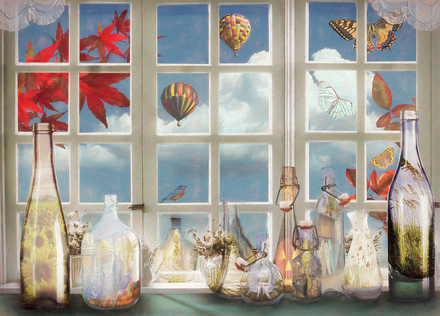 Memory Jars in the Blue Sky Window Painting Digital Art by Debra and Dave Vanderlaan