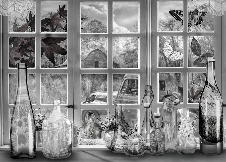 Memory Jars in the Farm Window Black and White Photograph by Debra and Dave Vanderlaan