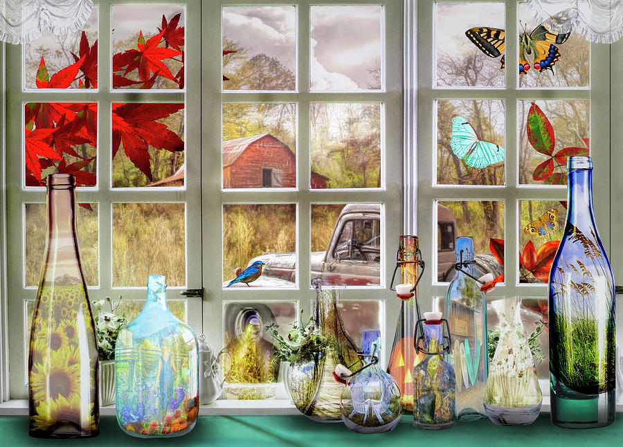 Memory Jars in the Farm Window Digital Art by Debra and Dave Vanderlaan