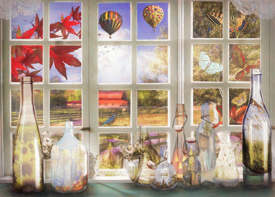 Memory Jars in the Farmhouse Window Painting Digital Art by Debra and Dave Vanderlaan