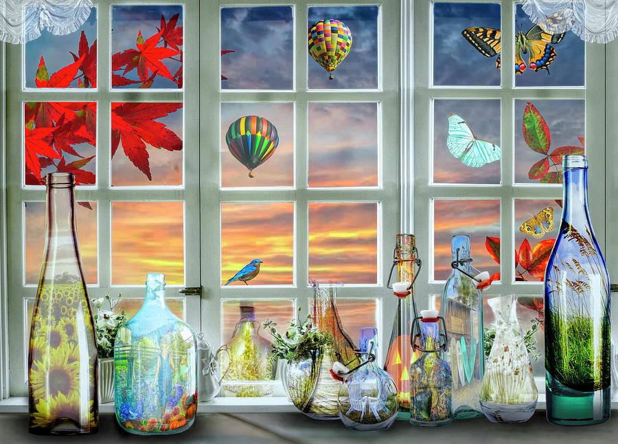 Memory Jars in the Window at Sunset Digital Art by Debra and Dave Vanderlaan