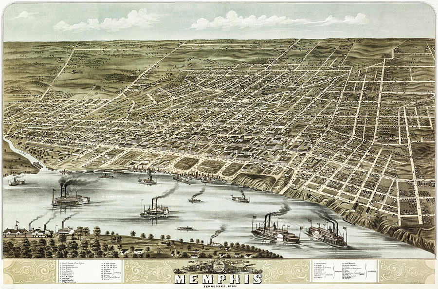 Memphis Tennessee Birds Eye View Antique Map 1870 Photograph by Carol