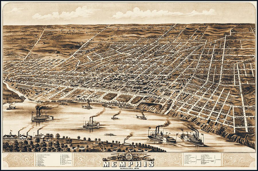 Memphis Tennessee Birds Eye View Antique Map 1870 Sepia Photograph by ...