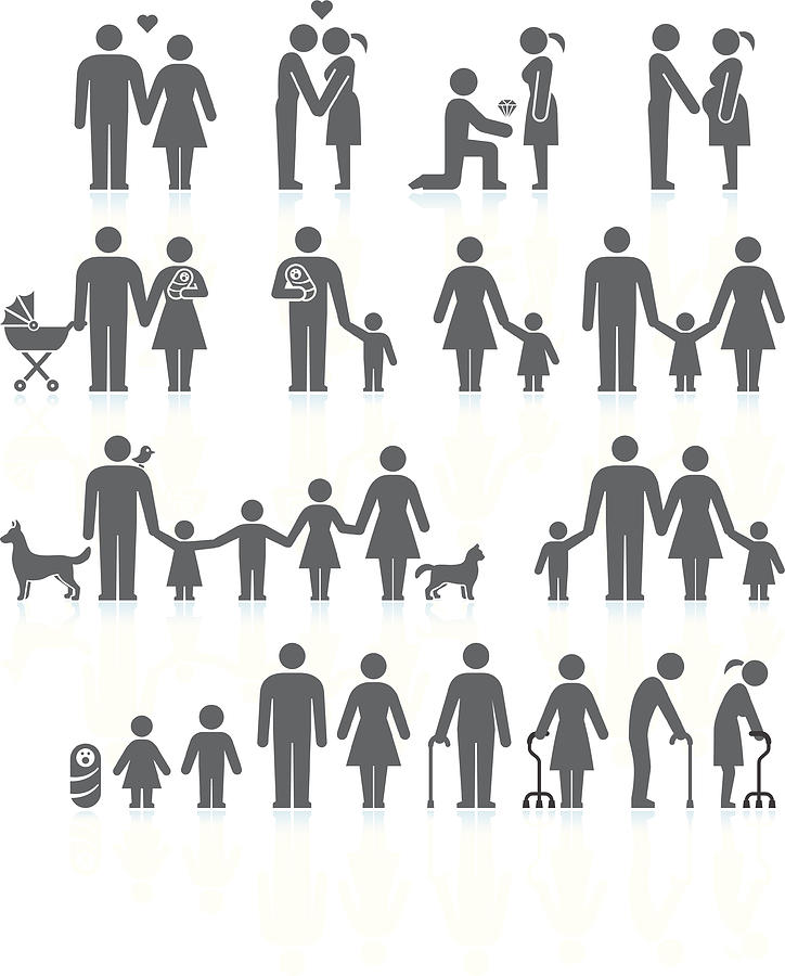 Men and women Family Life black & white icon set Drawing by Bubaone