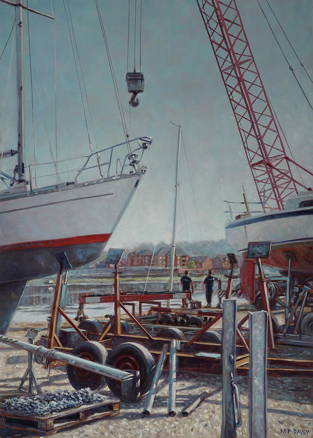 Boat Painting - Men at Northam Southampton boat yard by Martin Davey