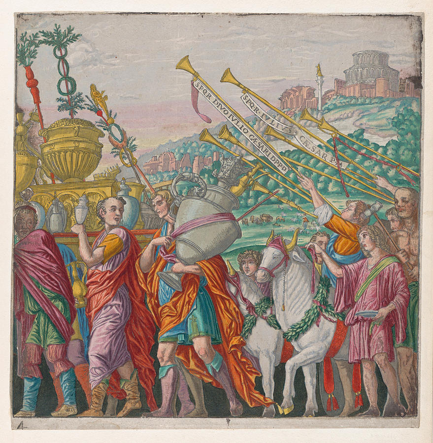 Men carrying trophies at left, trumpeters at right, Sheet 4 Drawing by Andrea Andreani