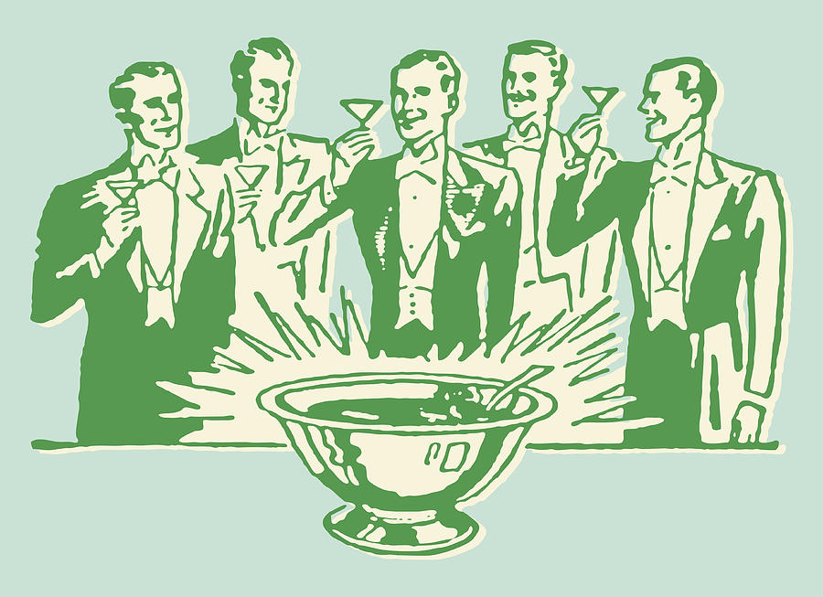 Men in Tuxedo Toasting Around Punch Bowl Drawing by CSA-Archive