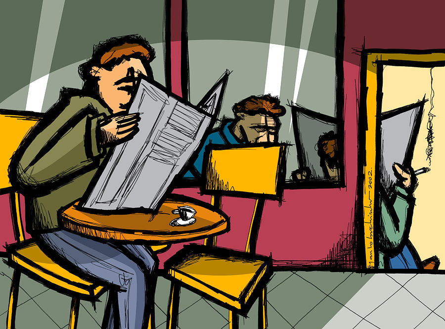 Men Reading A Newspaper At A Cafe Drawing by Imagezoo