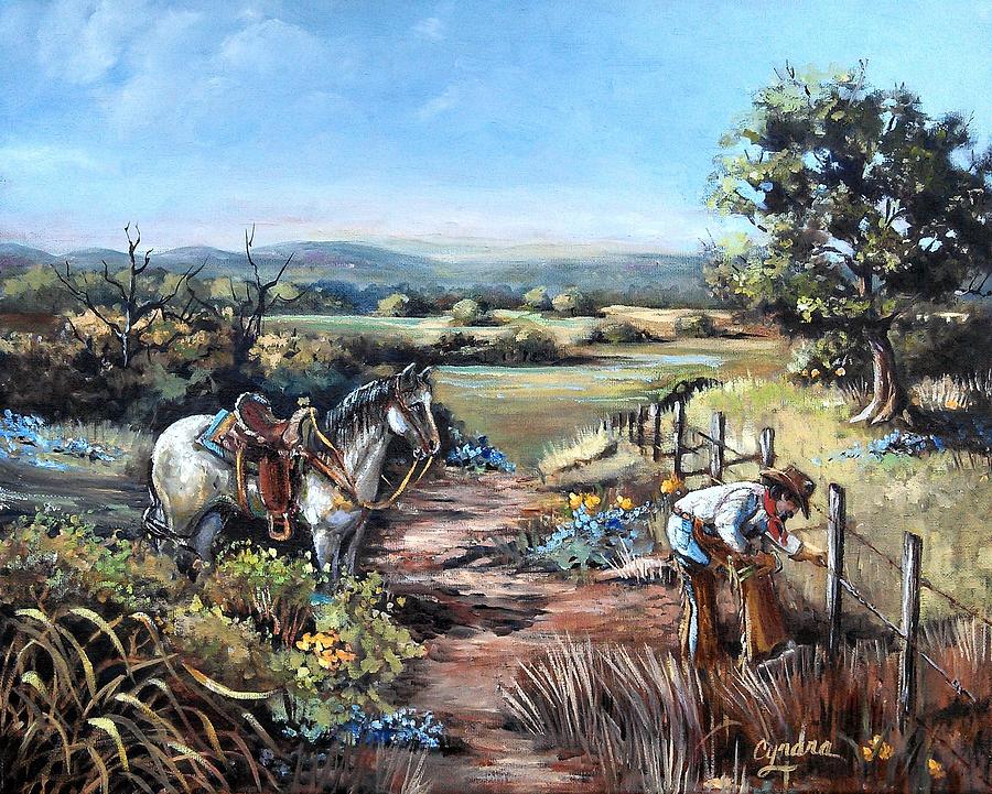 Horse Painting - Mending Fence by Cynara Shelton