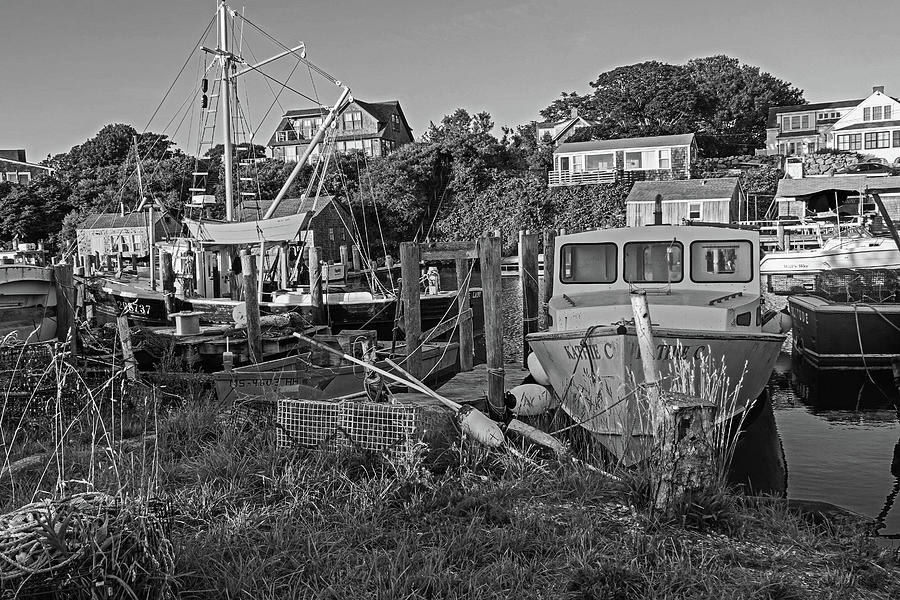 Menemsha Fishing Boat and Lobster Traps Chilmark MA Marthas Vineyard New England Black and White Photograph by Toby McGuire